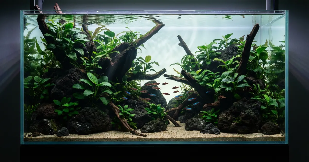 Anubias nana dan Anubias barteri menempel pada driftwood dalam aquascape nature style