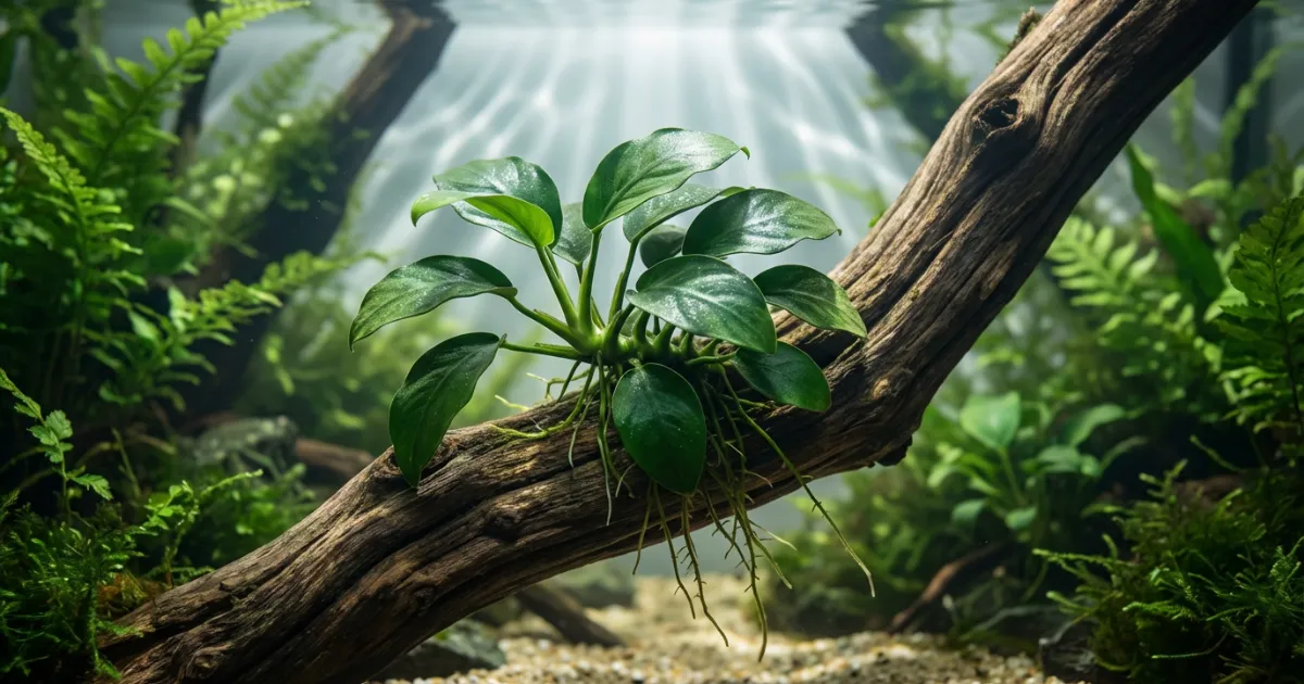 Anubias nana petite tumbuh di driftwood dalam nature aquascape