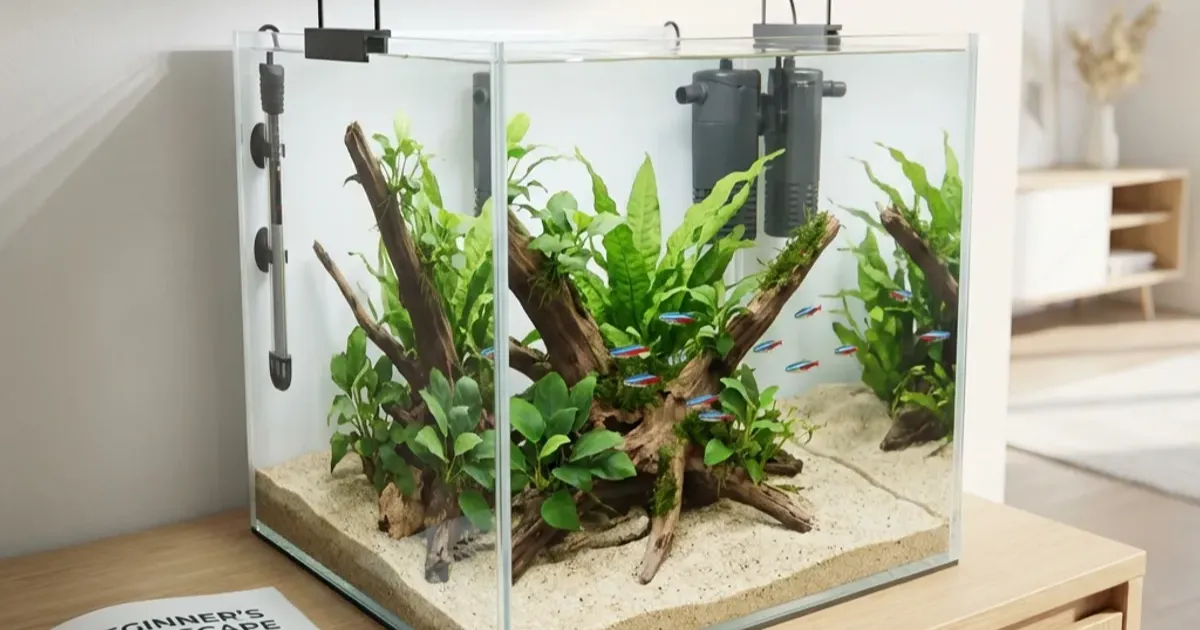 Setup aquascape pemula dengan tank 30cm menampilkan layout sederhana dengan tanaman mudah