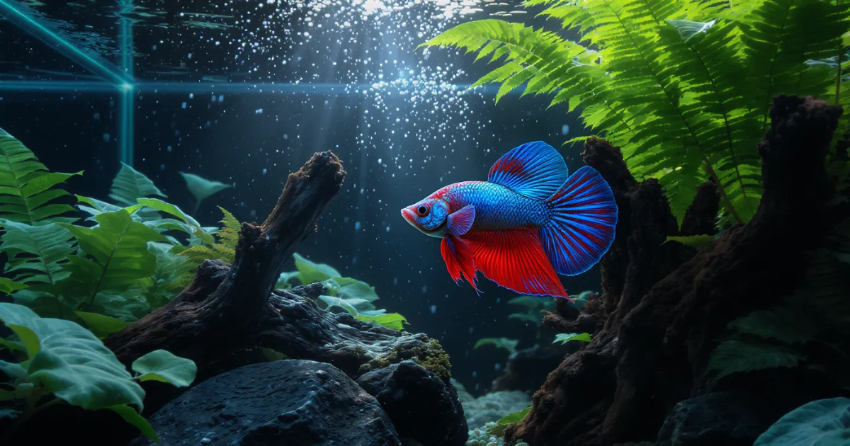 Betta halfmoon dalam planted aquascape dengan anubias dan java fern