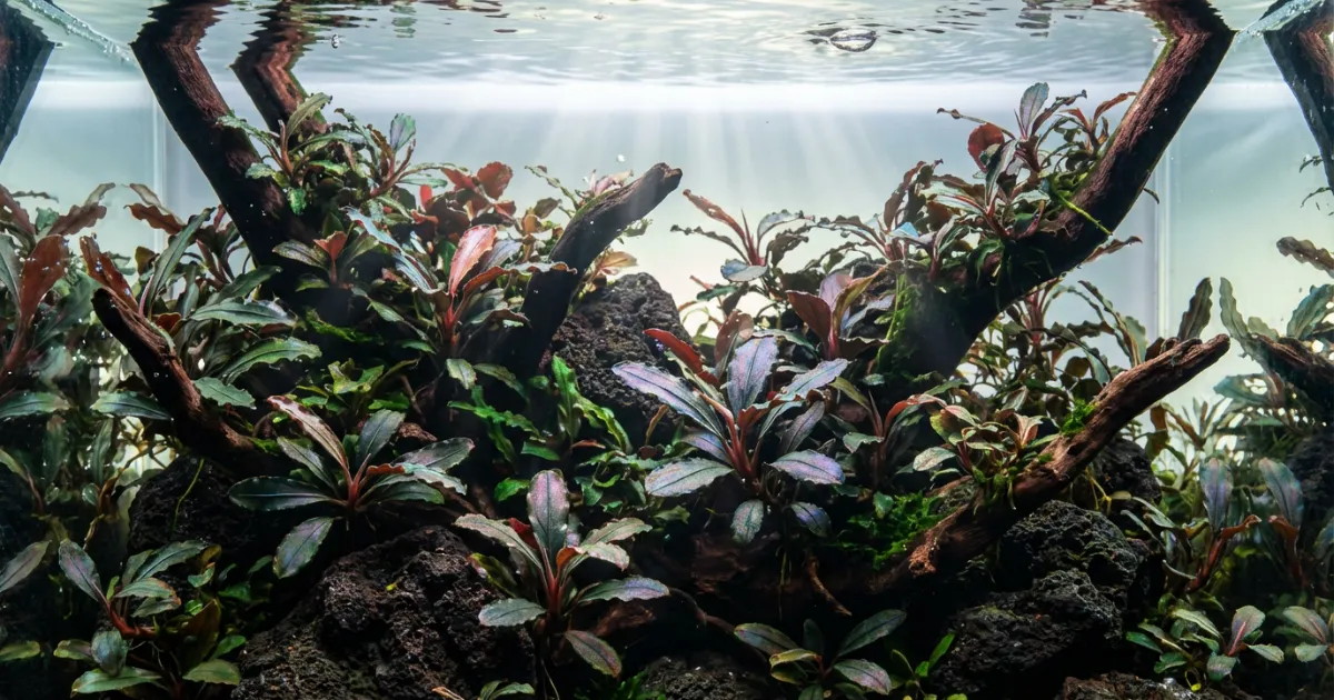 Bucephalandra dengan berbagai warna tumbuh di batu dalam aquascape