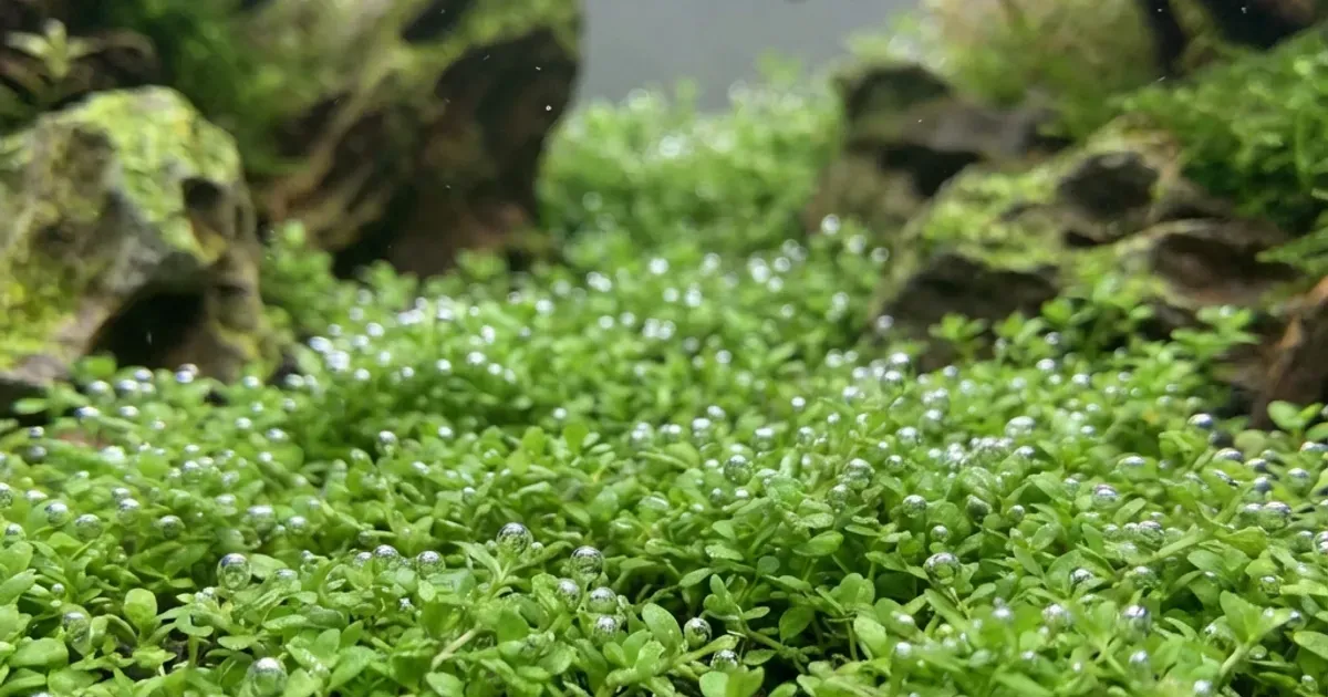 Carpet Monte Carlo dan HC Cuba yang rapat menutupi substrate aquascape dengan warna hijau cerah