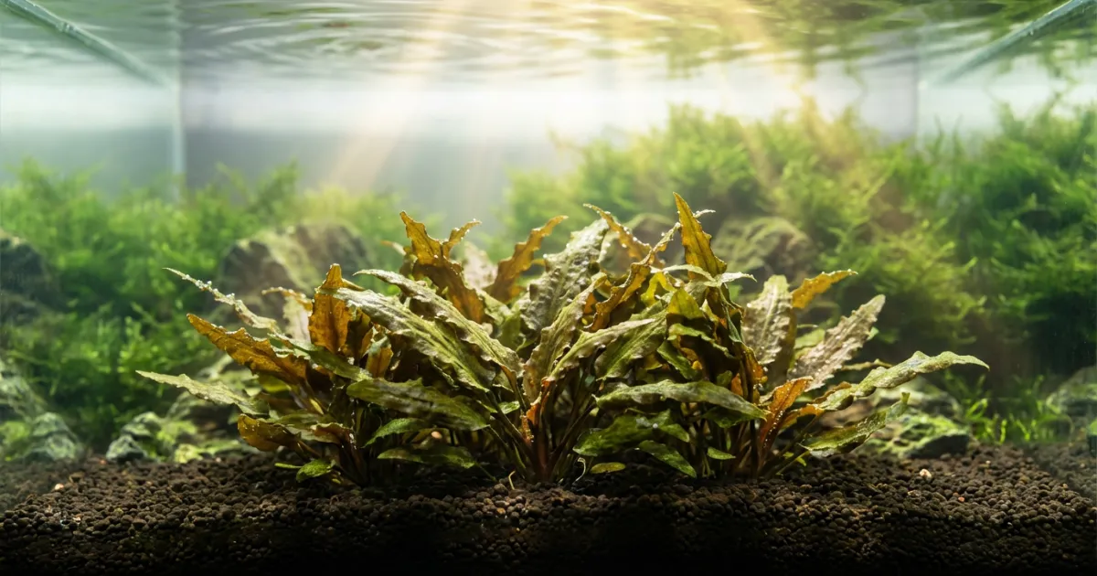 Berbagai species Cryptocoryne termasuk wendtii green, brown, dan parva dalam aquascape