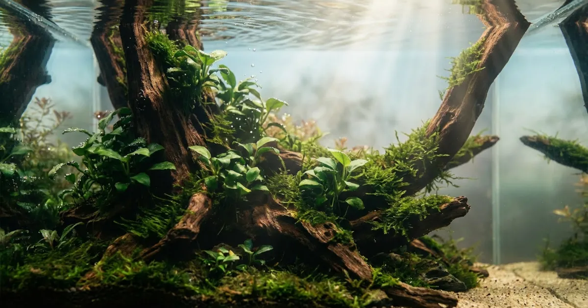 Driftwood spider wood dengan moss dan anubias dalam nature aquascape