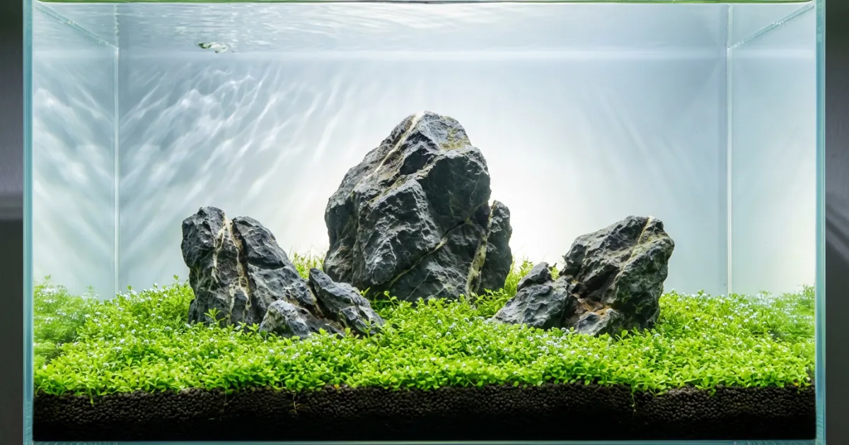 Iwagumi aquascape dengan penataan batu Seiryu dan carpet Monte Carlo yang rapi