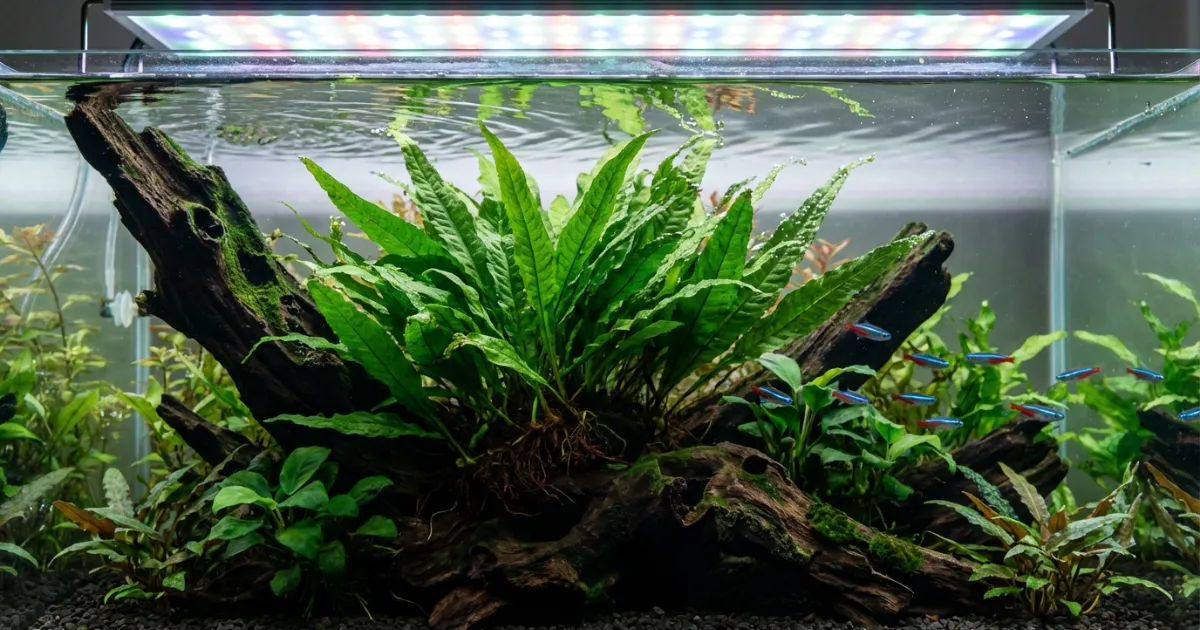 Berbagai varietas Java Fern termasuk Windelov dan Trident menempel pada driftwood