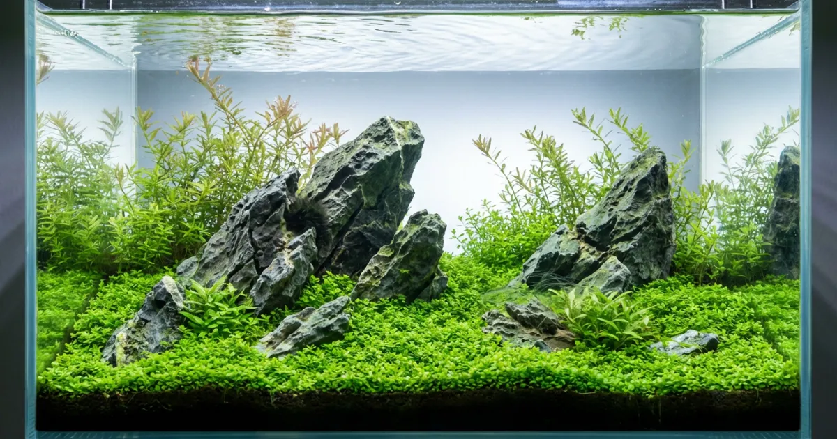Ilustrasi 10 jenis algae aquascape dengan tampilan visual berbeda di tank
