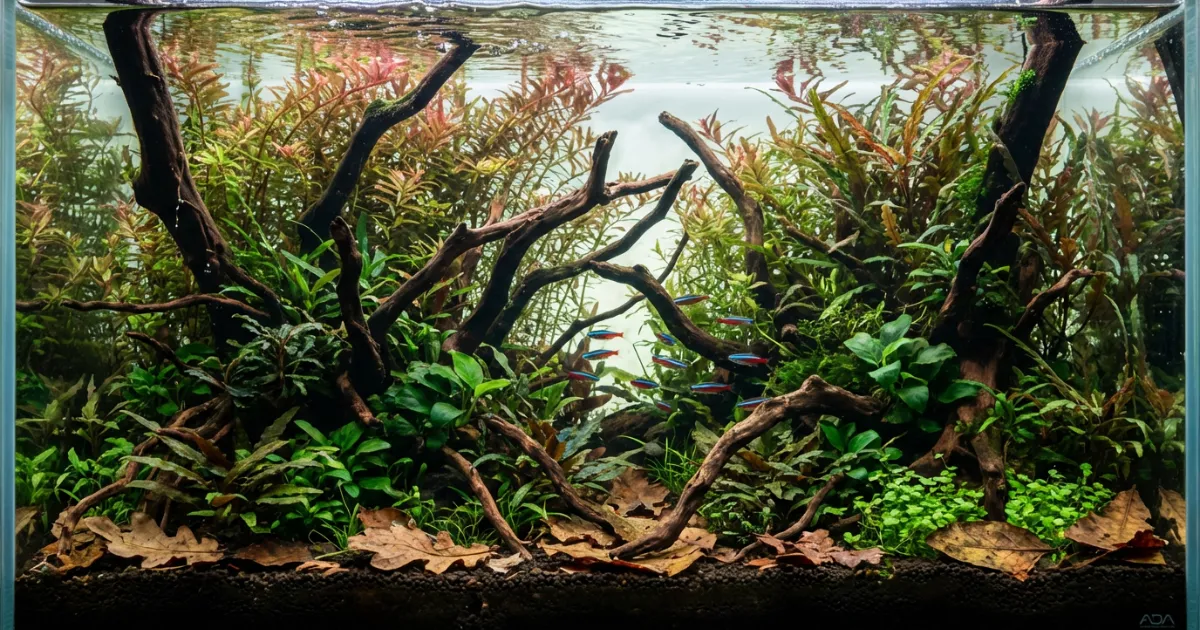 Jungle aquascape dengan tanaman lebat dan biotope Amazon blackwater dengan daun kering