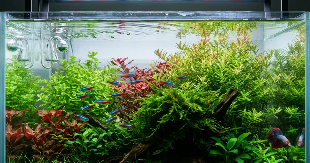 Ilustrasi kesalahan umum aquascape pemula dengan tank keruh dan tanaman mati