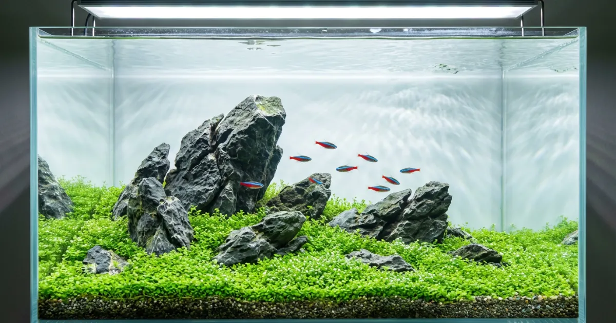 Proses trimming carpet Monte Carlo dalam iwagumi aquascape menggunakan wave scissors