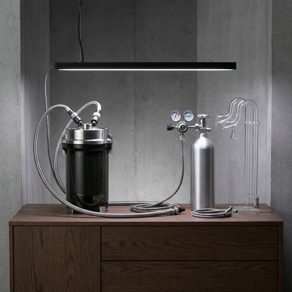 Setup peralatan aquascape lengkap dengan filter canister, LED lighting, dan CO2 system