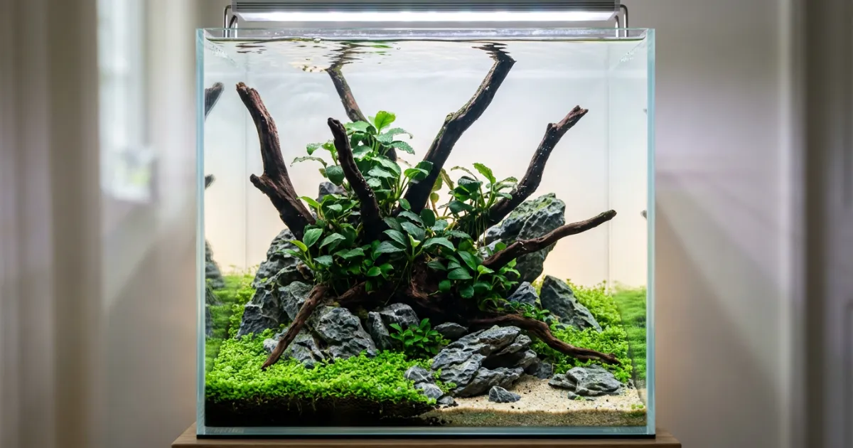 Aquascape cube tank 30x30x30cm dengan layout nature style yang indah